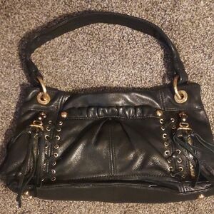 B. Makowsky Black Leather Shoulder Bag with Gold Accents